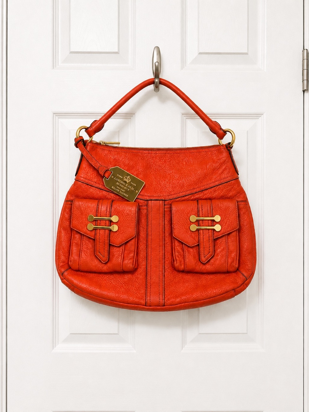 Lauren Ralph Lauren Bermondsey Hobo Hunting Orange Pebbled Leather FAIR READ FLA